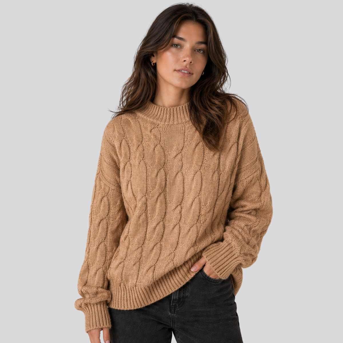 Sweter damski z wełny merino, warkoczowy splot, oversize, na jesień i zimę - Camelowy