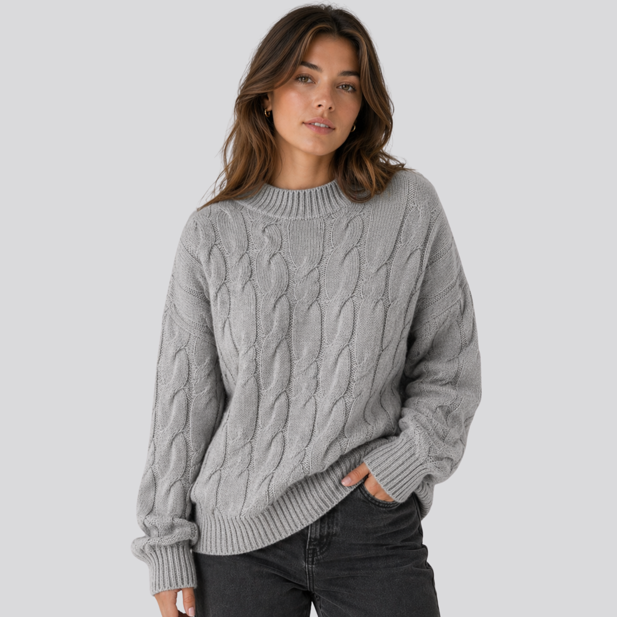 Sweter damski z wełny merino, warkoczowy splot, oversize, na jesień i zimę - Szary