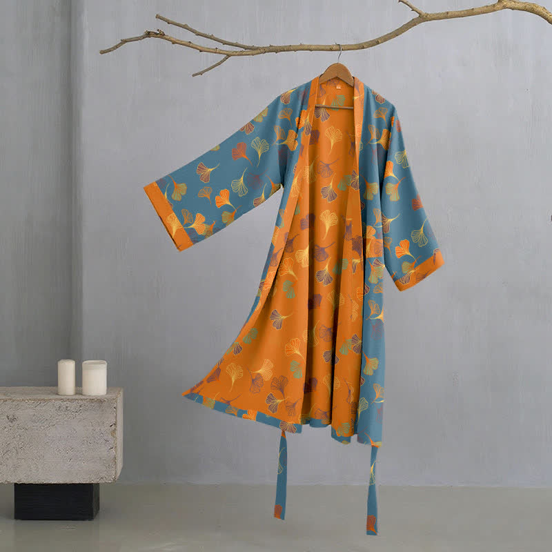 Szlafrok damski bawełniany w liście ginkgo, kimono do domu i na relaks - view 10