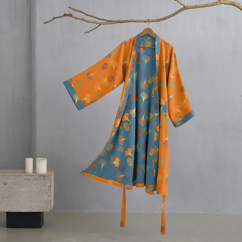 Szlafrok damski bawełniany w liście ginkgo, kimono do domu i na relaks - view 11