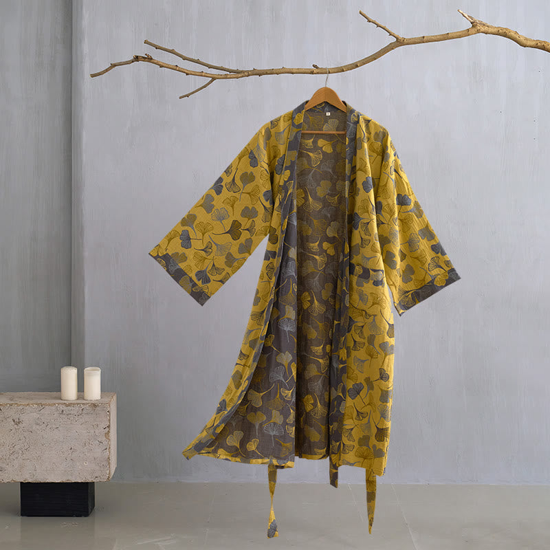 Szlafrok damski bawełniany w liście ginkgo, kimono do domu i na relaks - view 12