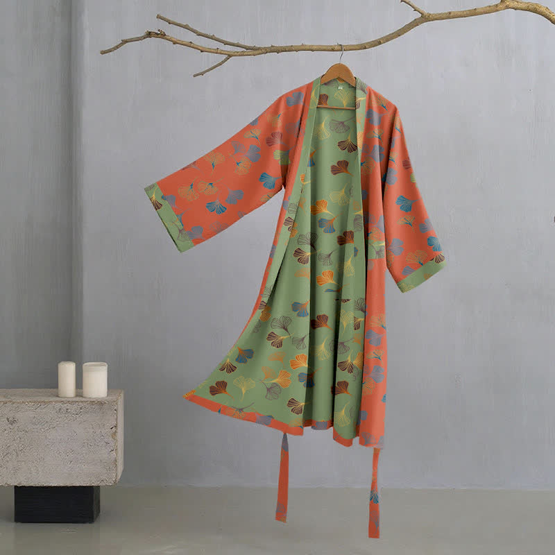 Szlafrok damski bawełniany w liście ginkgo, kimono do domu i na relaks - view 14