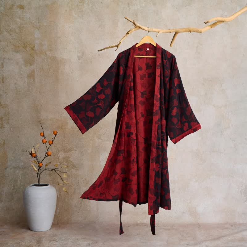 Szlafrok damski bawełniany w liście ginkgo, kimono do domu i na relaks - view 15