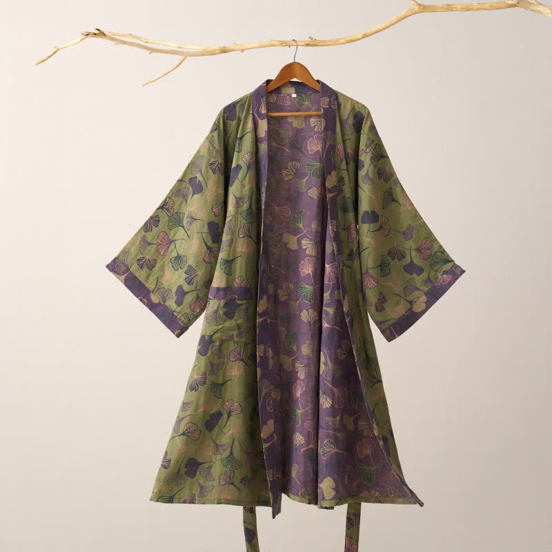 Szlafrok damski bawełniany w liście ginkgo, kimono do domu i na relaks - view 16
