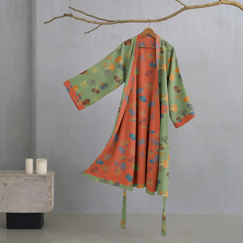 Szlafrok damski bawełniany w liście ginkgo, kimono do domu i na relaks - view 17