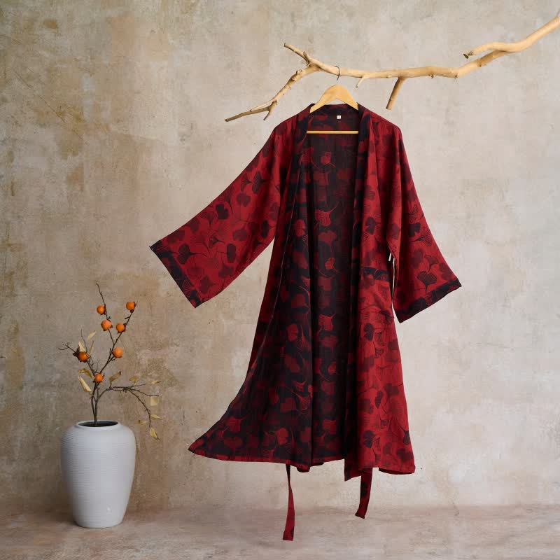 Szlafrok damski bawełniany w liście ginkgo, kimono do domu i na relaks - view 18