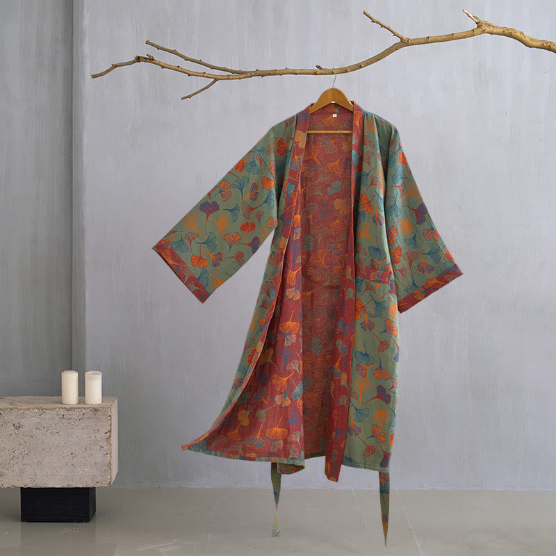 Szlafrok damski bawełniany w liście ginkgo, kimono do domu i na relaks - view 19