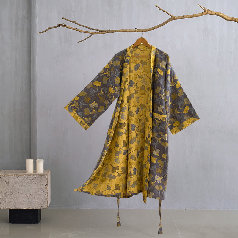 Szlafrok damski bawełniany w liście ginkgo, kimono do domu i na relaks - view 21