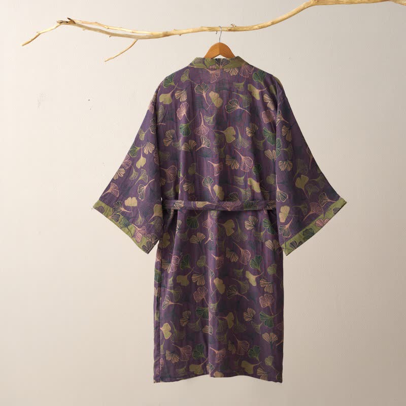 Szlafrok damski bawełniany w liście ginkgo, kimono do domu i na relaks - view 5