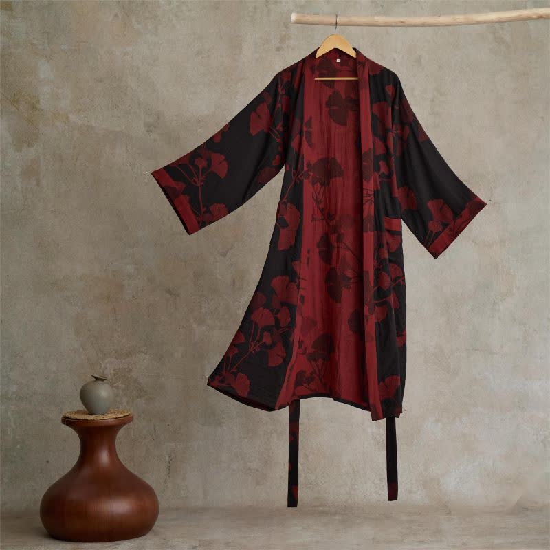 Szlafrok kimono damski bawełniany z nadrukiem ginkgo, dwustronny i wiązany w pasie - view 1