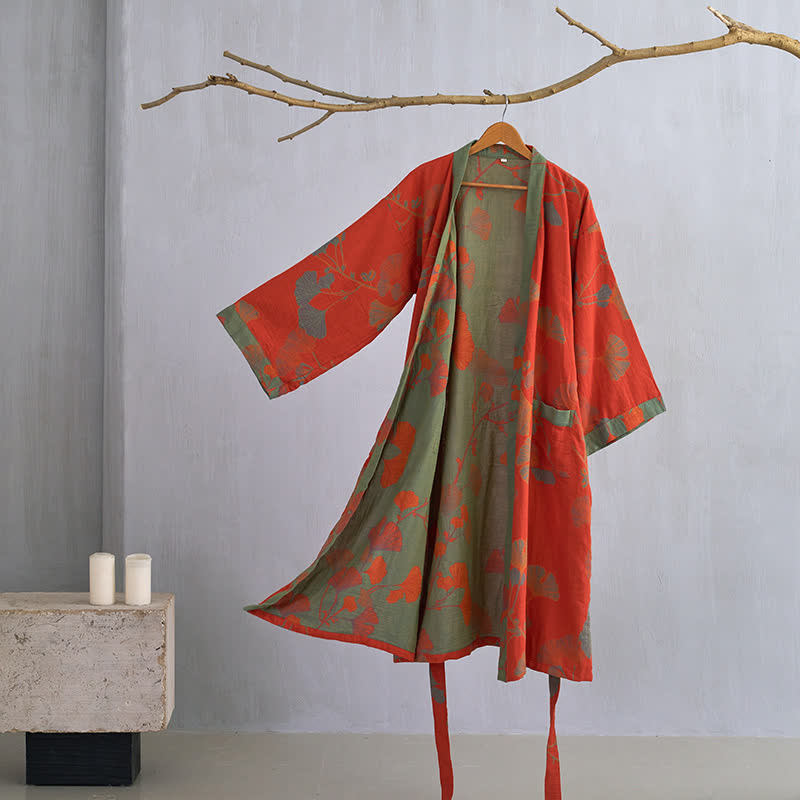 Szlafrok kimono damski bawełniany z nadrukiem ginkgo, dwustronny i wiązany w pasie - view 10