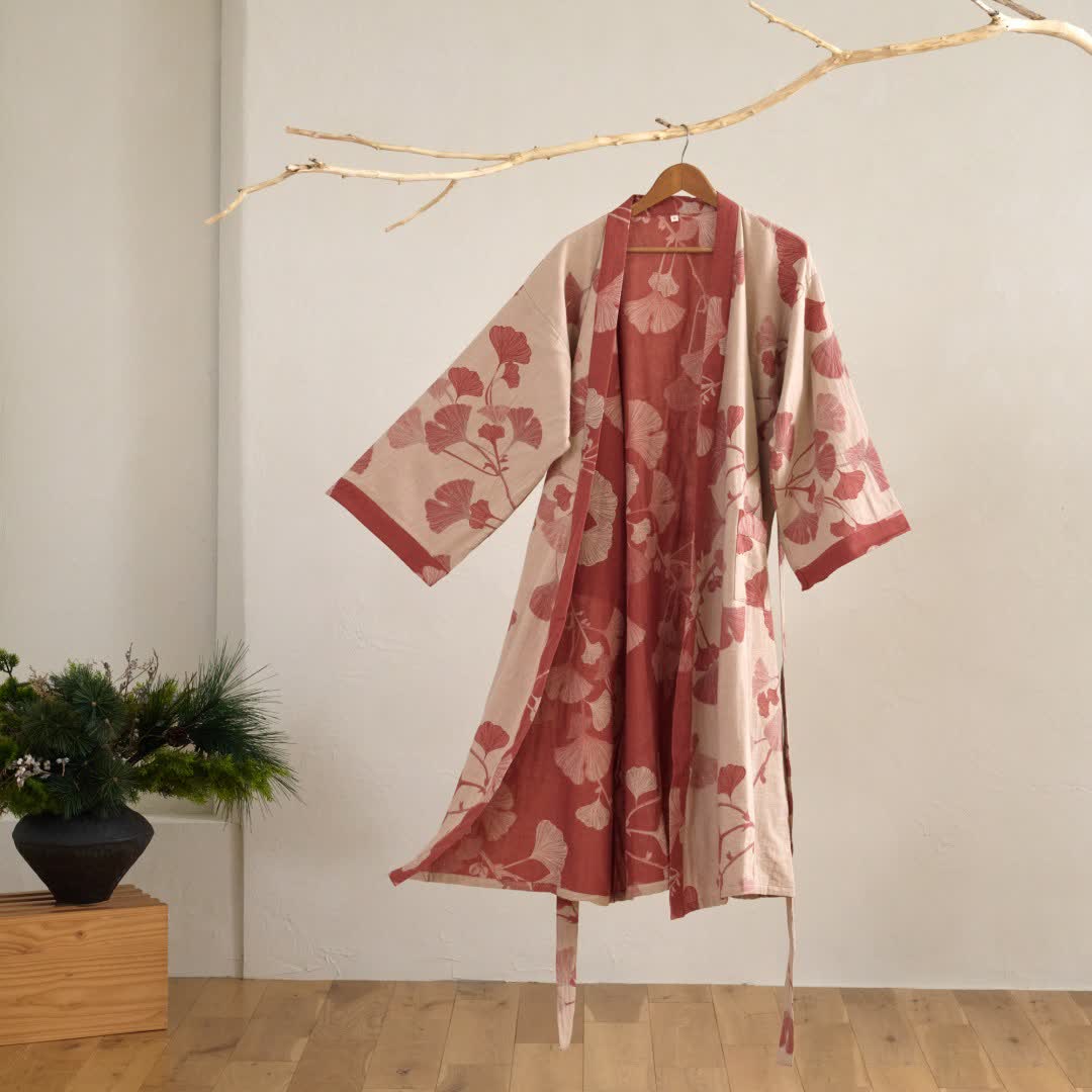 Szlafrok kimono damski bawełniany z nadrukiem ginkgo, dwustronny i wiązany w pasie - view 12