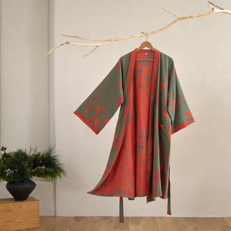 Szlafrok kimono damski bawełniany z nadrukiem ginkgo, dwustronny i wiązany w pasie - view 14