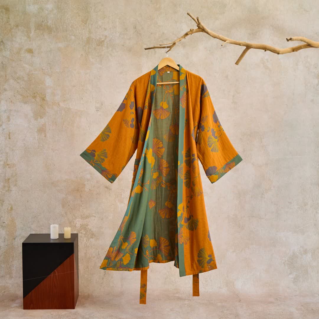Szlafrok kimono damski bawełniany z nadrukiem ginkgo, dwustronny i wiązany w pasie - view 15