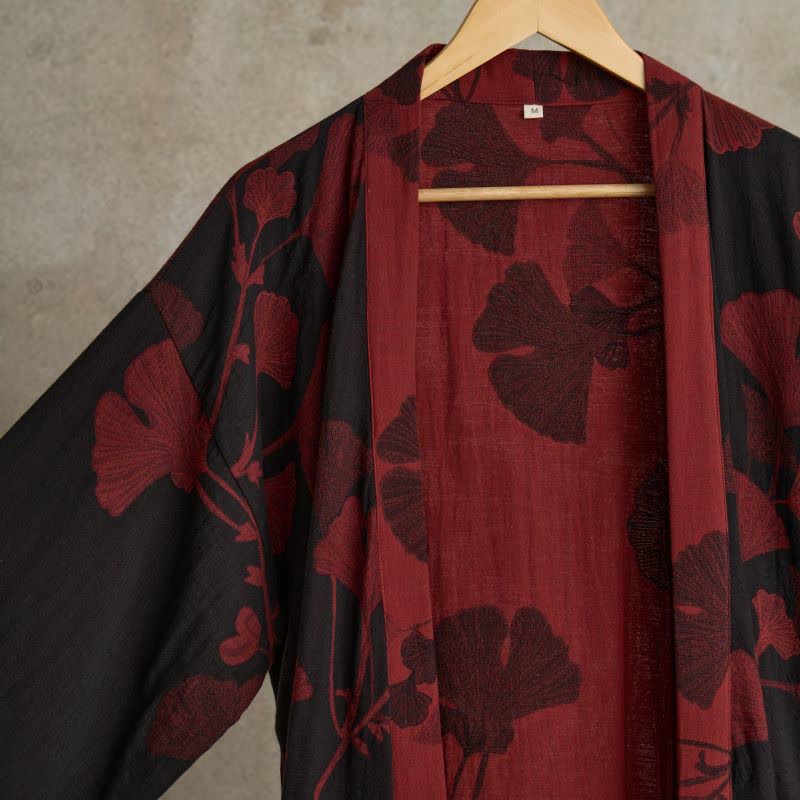 Szlafrok kimono damski bawełniany z nadrukiem ginkgo, dwustronny i wiązany w pasie - view 3