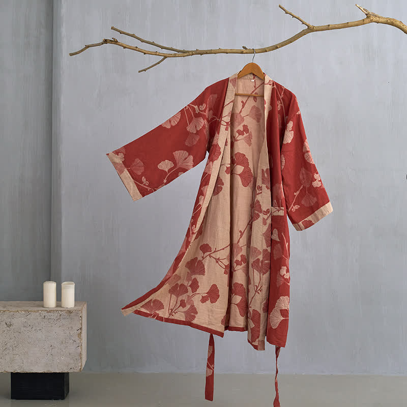Szlafrok kimono damski bawełniany z nadrukiem ginkgo, dwustronny i wiązany w pasie - view 7