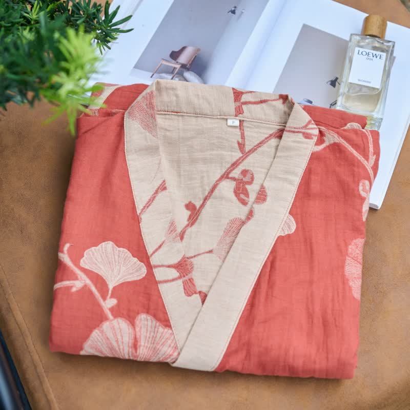 Szlafrok kimono damski bawełniany z nadrukiem ginkgo, dwustronny i wiązany w pasie - view 8