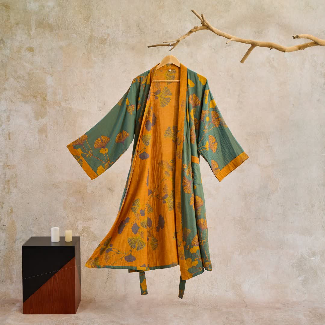 Szlafrok kimono damski bawełniany z nadrukiem ginkgo, dwustronny i wiązany w pasie - view 9