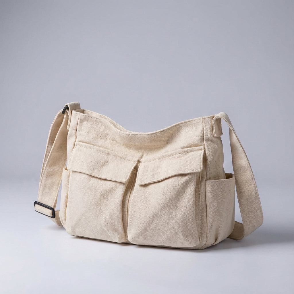 Torba damska na ramię z płótna, organizer z wieloma kieszeniami, crossbody - Beżowy