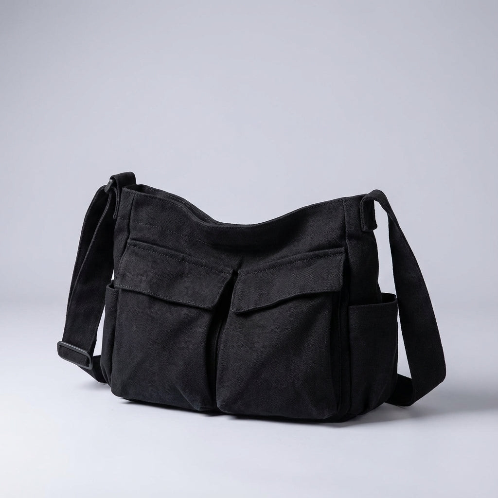 Torba damska na ramię z płótna, organizer z wieloma kieszeniami, crossbody - Czarny
