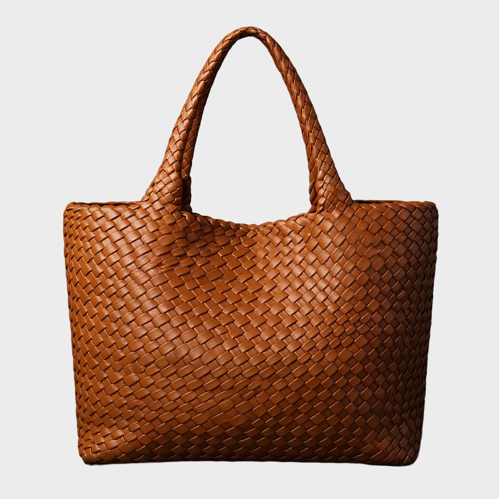 Torebka shopper damska pleciona z ekoskóry, duża torba na ramię na lato i na co dzień - Brąz Siena