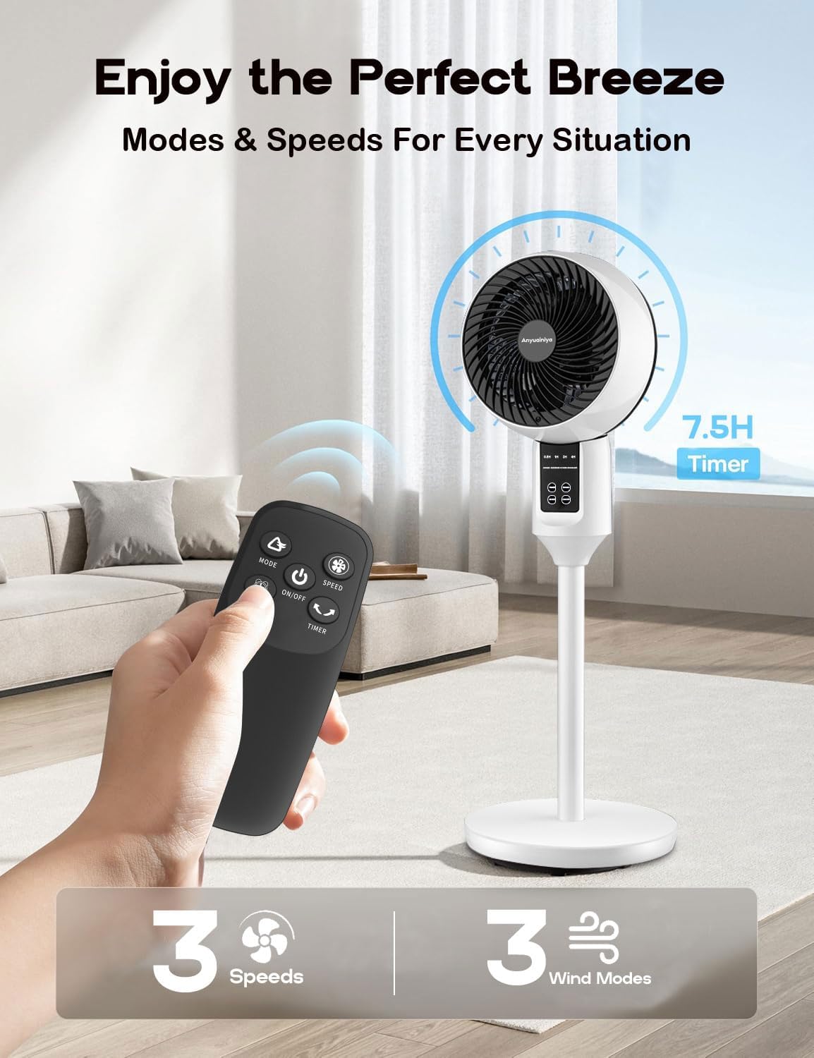 Wentylator stojący z pilotem i oscylacją 3D, cichy, obrotowy, z regulacją wysokości - do sypialni i pokoju - view 5